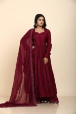 Wine Dola Silk Kurta Set with Mirror Work Dupatta