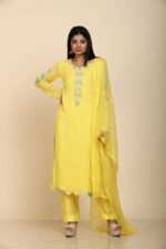 Yellow Georgette Kurta Set with Pant and Dupatta