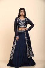 Elegant Blue Organza Jacket Skirt Blouse with Colourful Sequins Floral Design