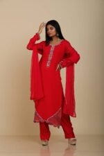 Red Georgette Kurta Set with Pant and Dupatta
