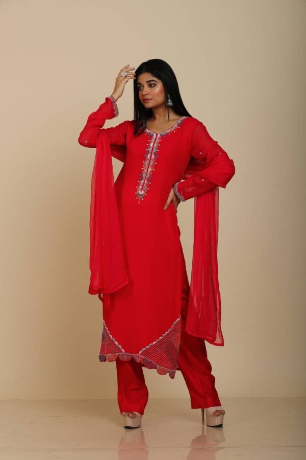 Red Georgette Kurta Set with Pant and Dupatta