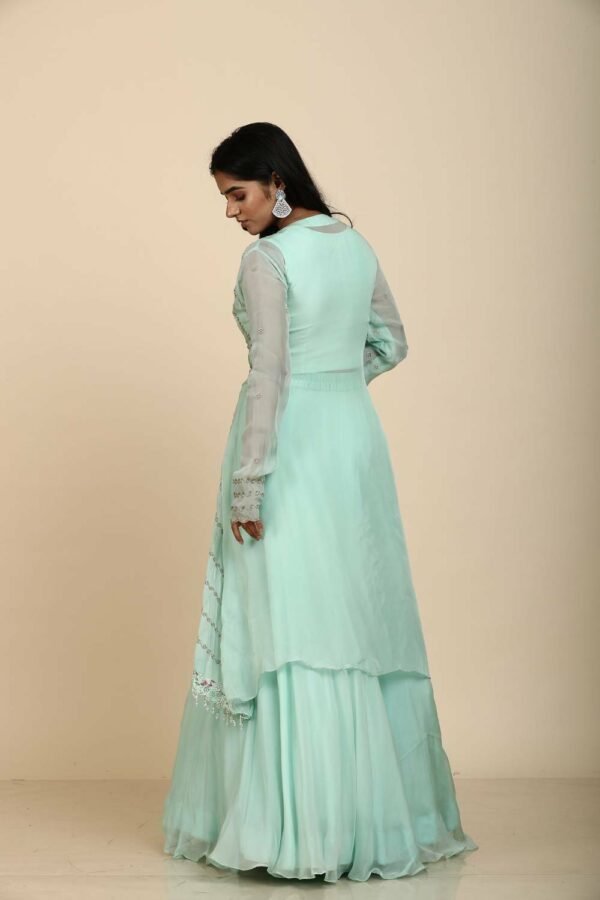Sea Green Organza Lehenga Blouse Jacket with Cut Dana and Sequins Moti Work