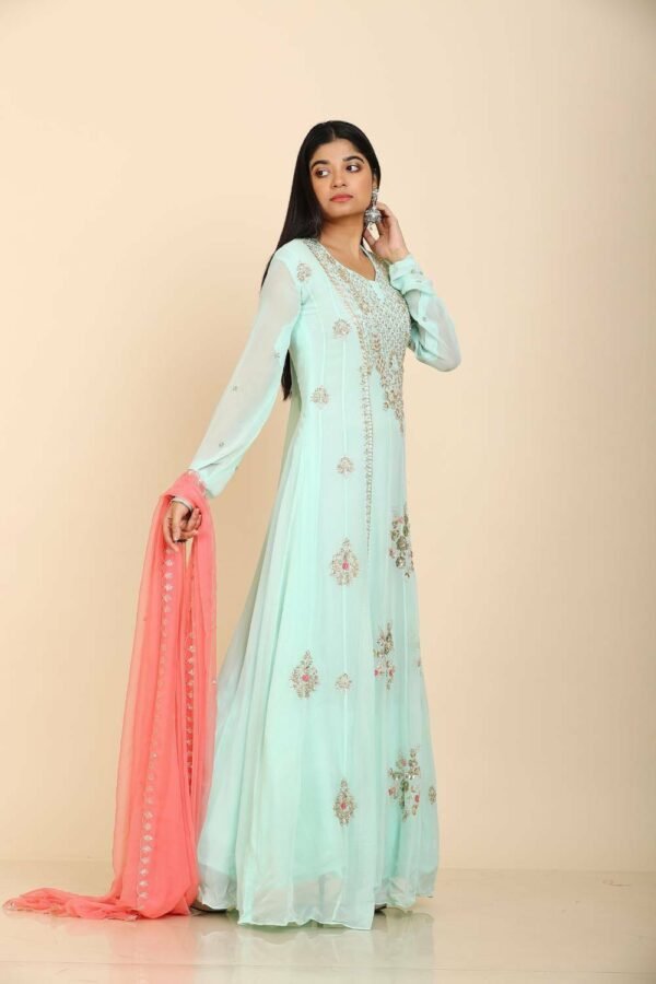 Mint green Anarkali suit with gota zari moti and floral embroidery