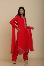 Red Georgette Kurta Set with Pant and Dupatta