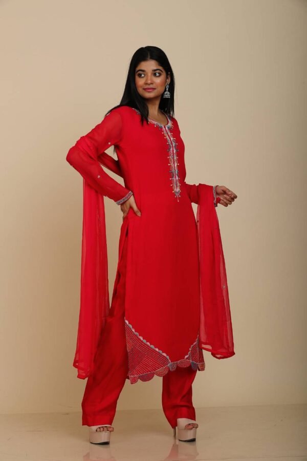 Red Georgette Kurta Set with Pant and Dupatta