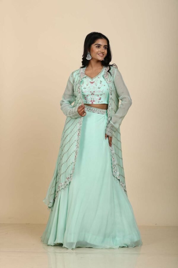 Sea Green Organza Lehenga Blouse Jacket with Cut Dana and Sequins Moti Work