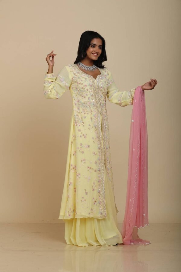 Lemon Yellow Georgette Kurta with Sequins Work and Kalidar Palazzo