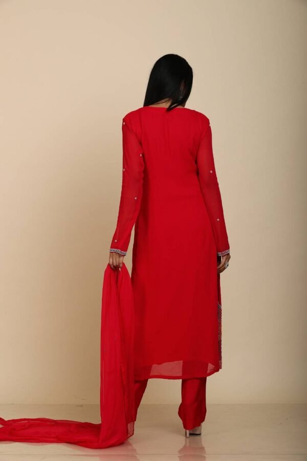Red Georgette Kurta Set with Pant and Dupatta