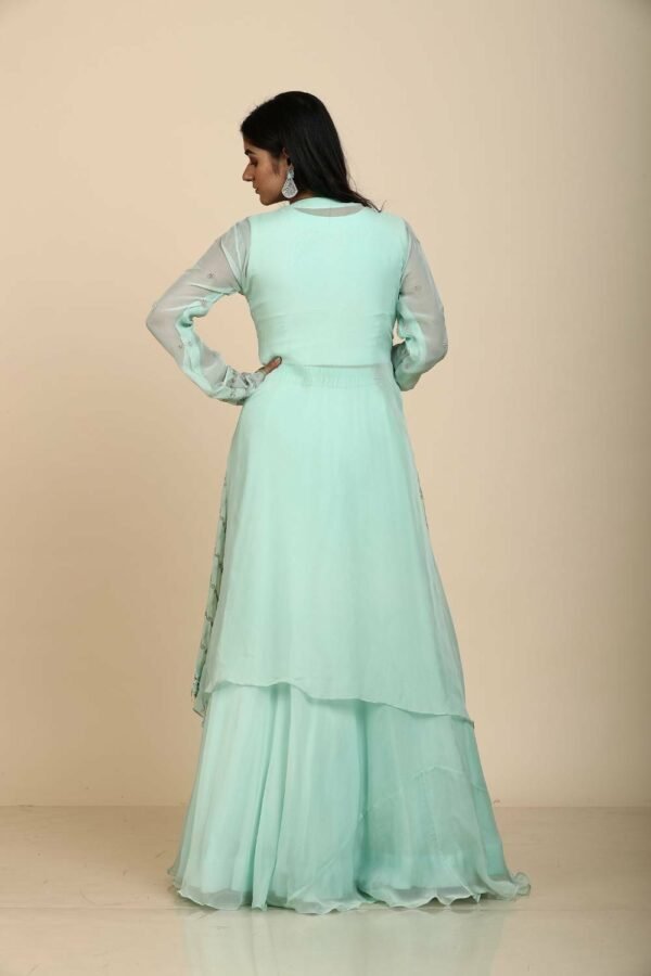Sea Green Organza Lehenga Blouse Jacket with Cut Dana and Sequins Moti Work