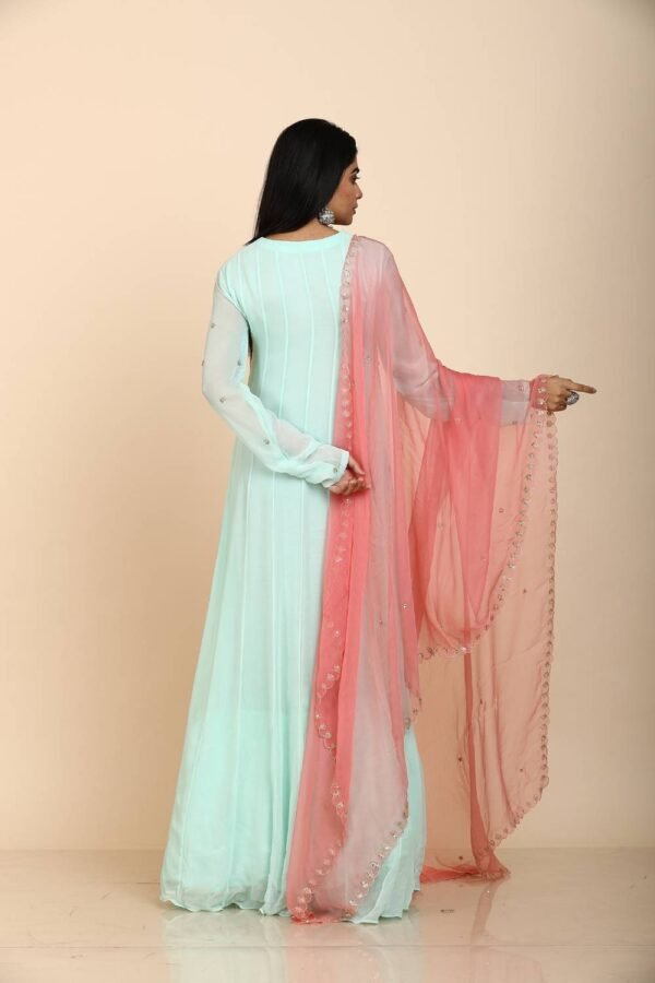 Mint green Anarkali suit with gota zari moti and floral embroidery