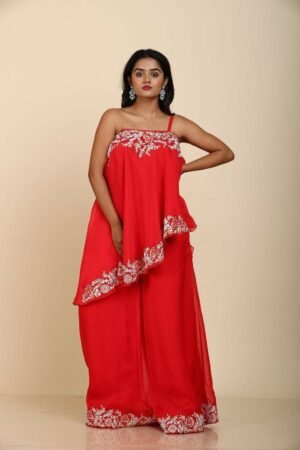 Red Off-Shoulder Organza with Applique and Doori Work