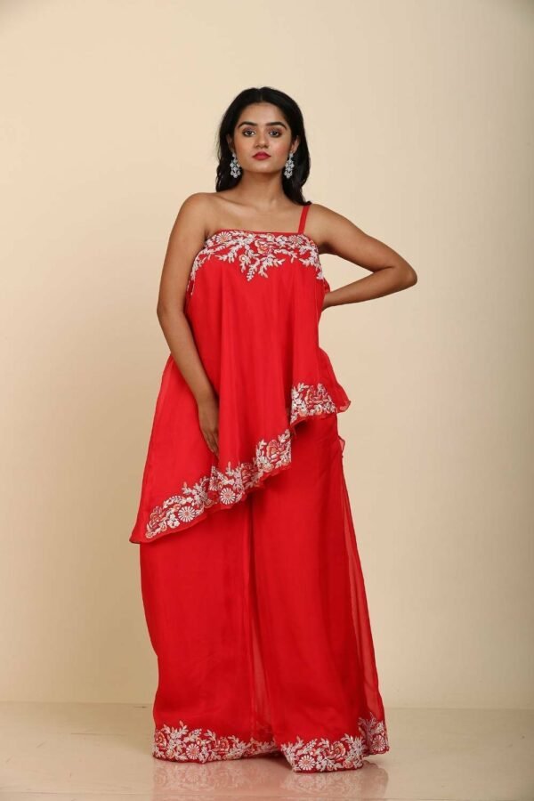 Red Off-Shoulder Organza with Applique and Doori Work