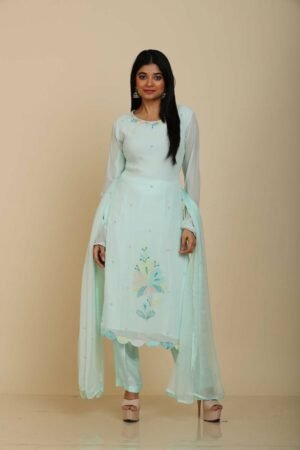 Aqua Georgette Kurta Set with Pant and Dupatta