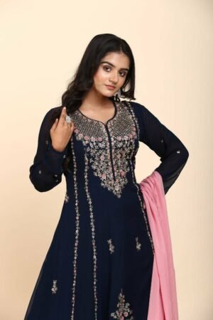 Classy Navy blue Georgette anarkali with hand embroidery using resham and zardozi work