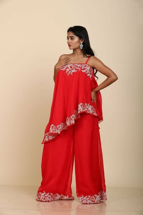Red Off-Shoulder Organza with Applique and Doori Work