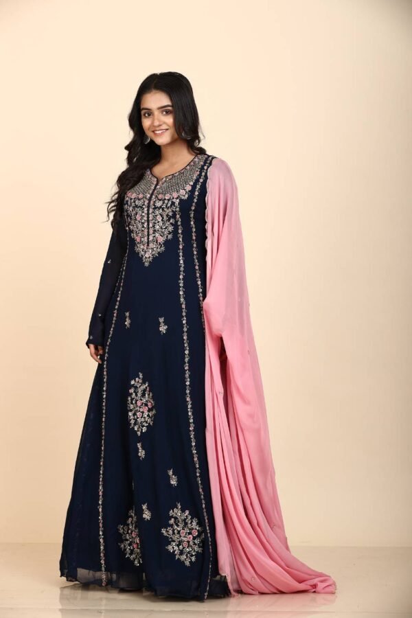 Classy Navy blue Georgette anarkali with hand embroidery using resham and zardozi work