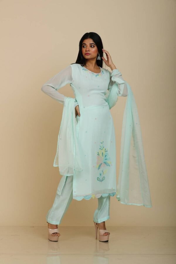 Aqua Georgette Kurta Set with Pant and Dupatta