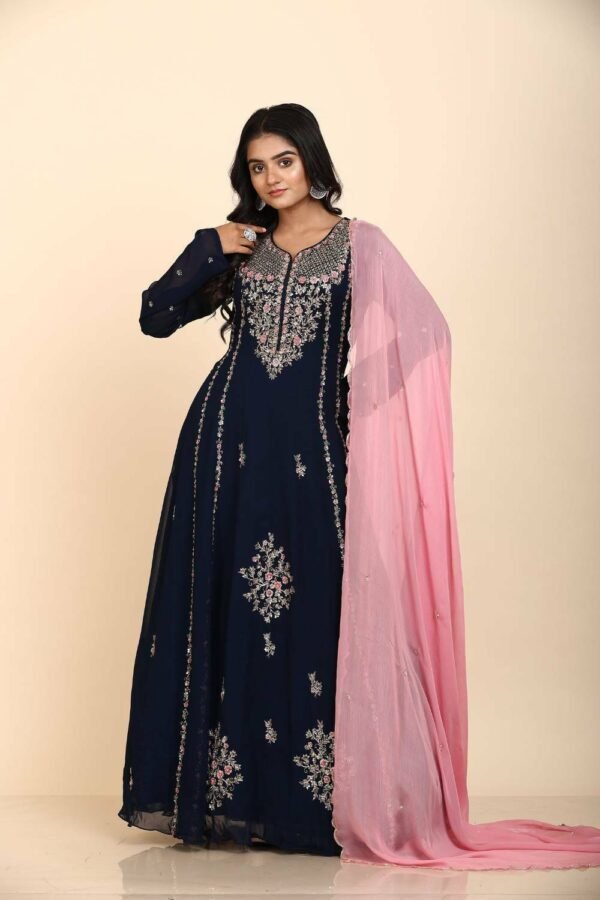 Classy Navy blue Georgette anarkali with hand embroidery using resham and zardozi work