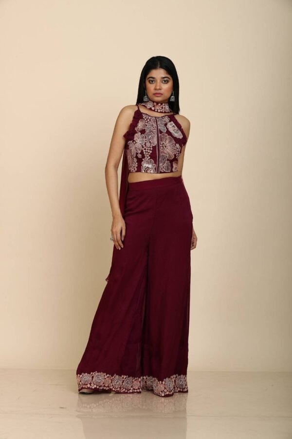 Indo Western Wine Resham Embroidery Top with Palazzo Dupatta
