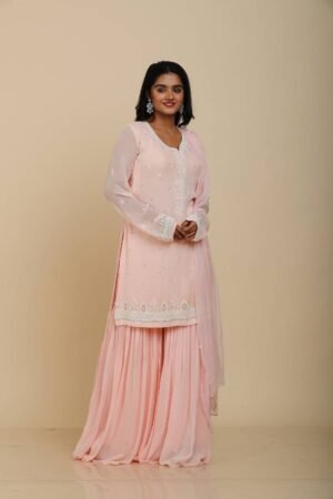 Peach Pink Georgette Sharara with Moti Work