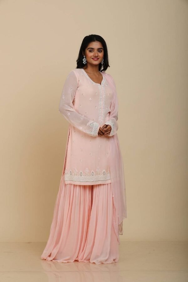 Peach Pink Georgette Sharara with Moti Work