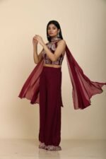 Indo Western Wine Resham Embroidery Top with Palazzo Dupatta