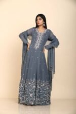 Grey Anarkali suit in georgette with multicoloured sequins embroidered floral design