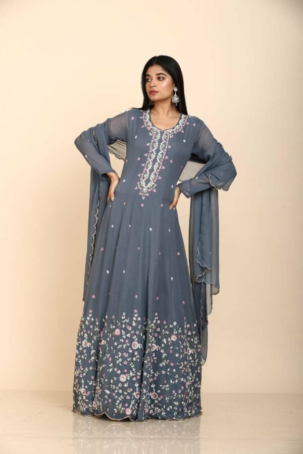 Grey Anarkali suit in georgette with multicoloured sequins embroidered floral design