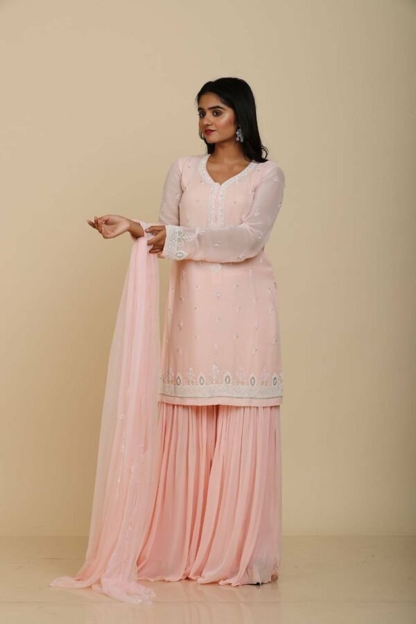 Peach Pink Georgette Sharara with Moti Work
