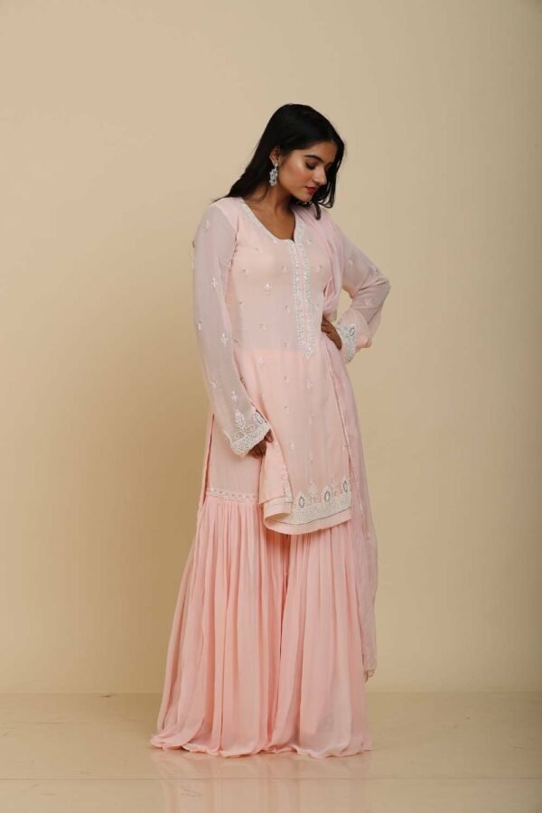Peach Pink Georgette Sharara with Moti Work