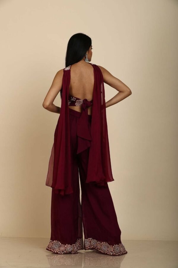 Indo Western Wine Resham Embroidery Top with Palazzo Dupatta