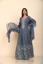 Grey Anarkali suit in georgette with multicoloured sequins embroidered floral design
