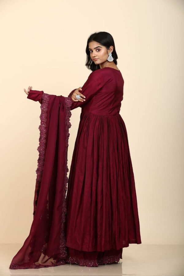 Wine Dola Silk Kurta Set with Mirror Work Dupatta