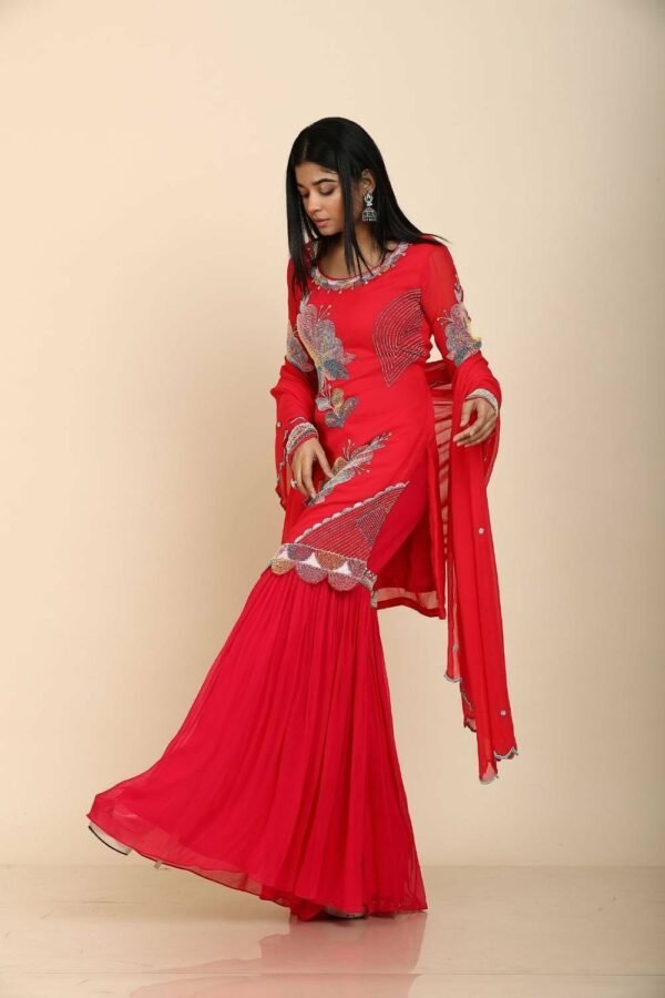 Red Georgette Sharara Set with Colourful Chid Work