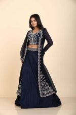 Elegant Blue Organza Jacket Skirt Blouse with Colourful Sequins Floral Design