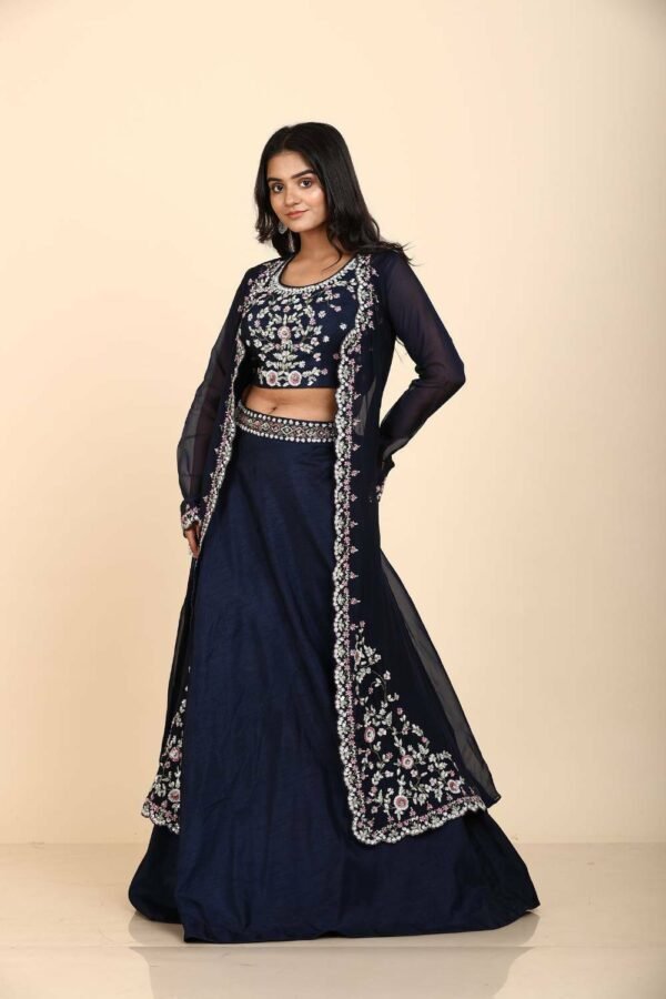 Elegant Blue Organza Jacket Skirt Blouse with Colourful Sequins Floral Design