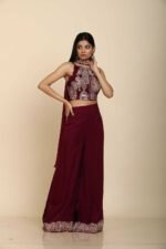 Indo Western Wine Resham Embroidery Top with Palazzo Dupatta