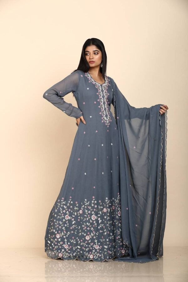 Grey Anarkali suit in georgette with multicoloured sequins embroidered floral design