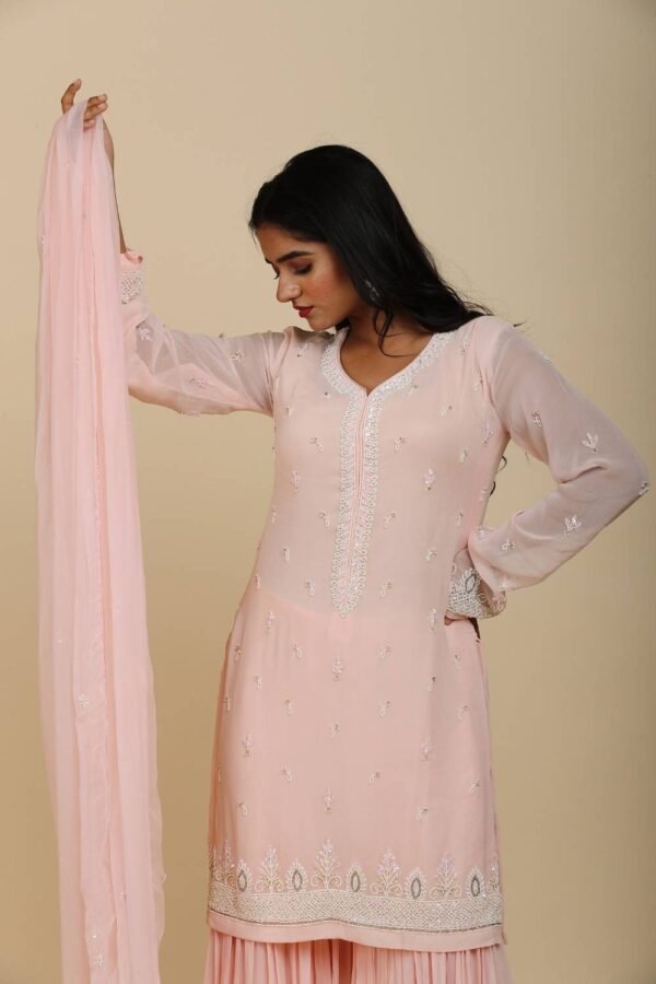 Peach Pink Georgette Sharara with Moti Work