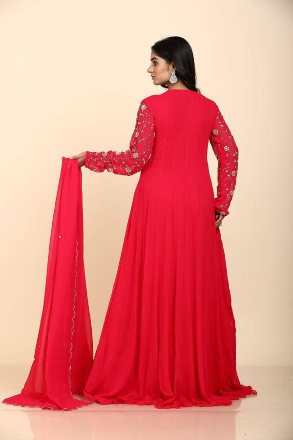 Red Georgette Anarkali with panel design and moti work in a traditional Indian outfit