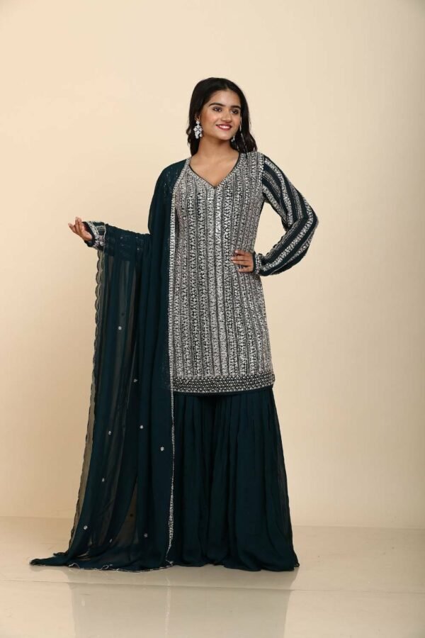 Blue Georgette Sharara with metal sequins work