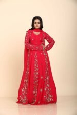 Red Georgette Anarkali with panel design and moti work in a traditional Indian outfit