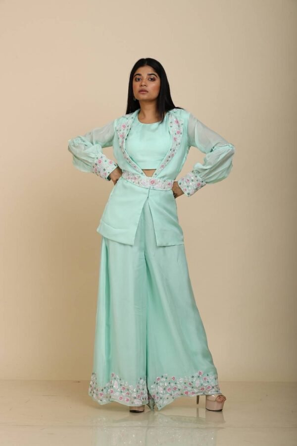 Sea Green Organza Jacket Top with Palazzo & Sequins Embroidery