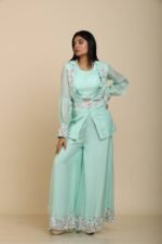 Sea Green Organza Jacket Top with Palazzo & Sequins Embroidery