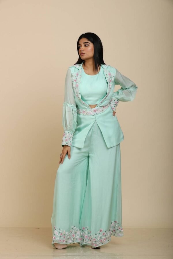 Sea Green Organza Jacket Top with Palazzo & Sequins Embroidery