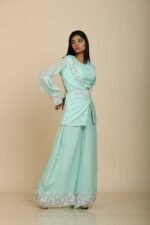 Sea Green Organza Jacket Top with Palazzo & Sequins Embroidery