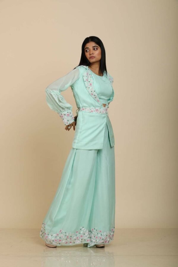 Sea Green Organza Jacket Top with Palazzo & Sequins Embroidery