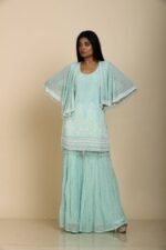 Ferozi Georgette Top Palazzo with Short Shrug & Embroidery