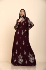 Mulberry purple Anarkali suit in georgette with antique zari sequins work
