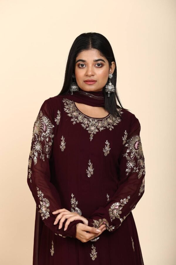 Mulberry purple Anarkali suit in georgette with antique zari sequins work